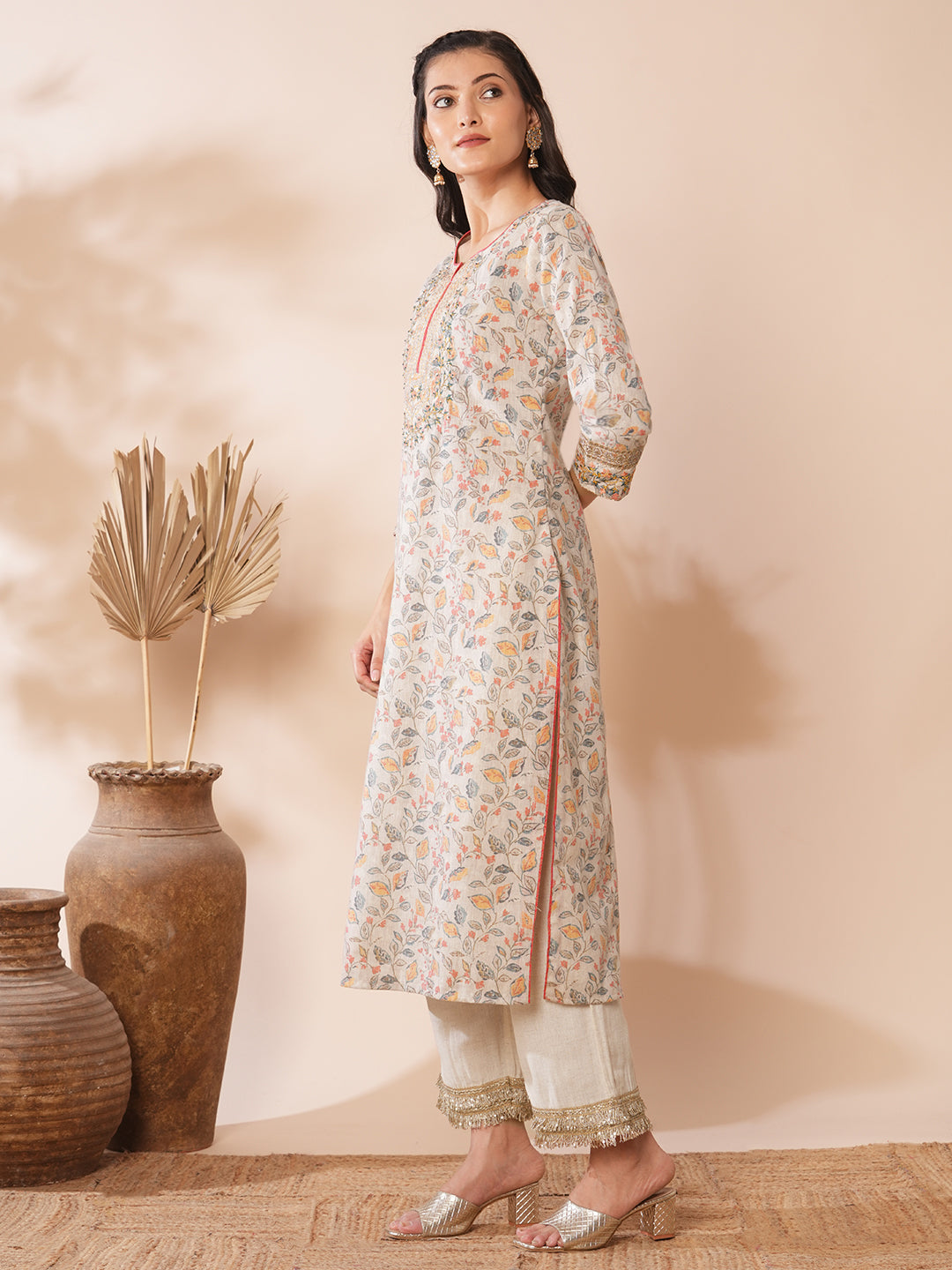 Ethnic Floral Printed & Embroidered Straight Fit Kurta - Grey