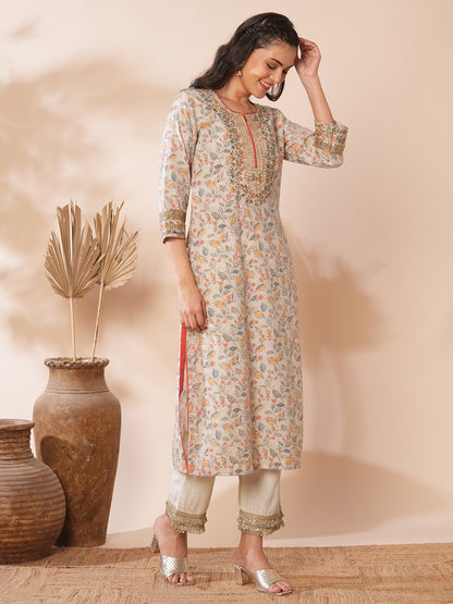 Ethnic Floral Printed & Embroidered Straight Fit Kurta - Grey