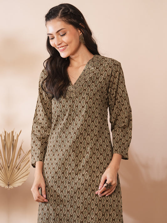 Ethnic Floral Printed Straight Fit Kurta - Brown