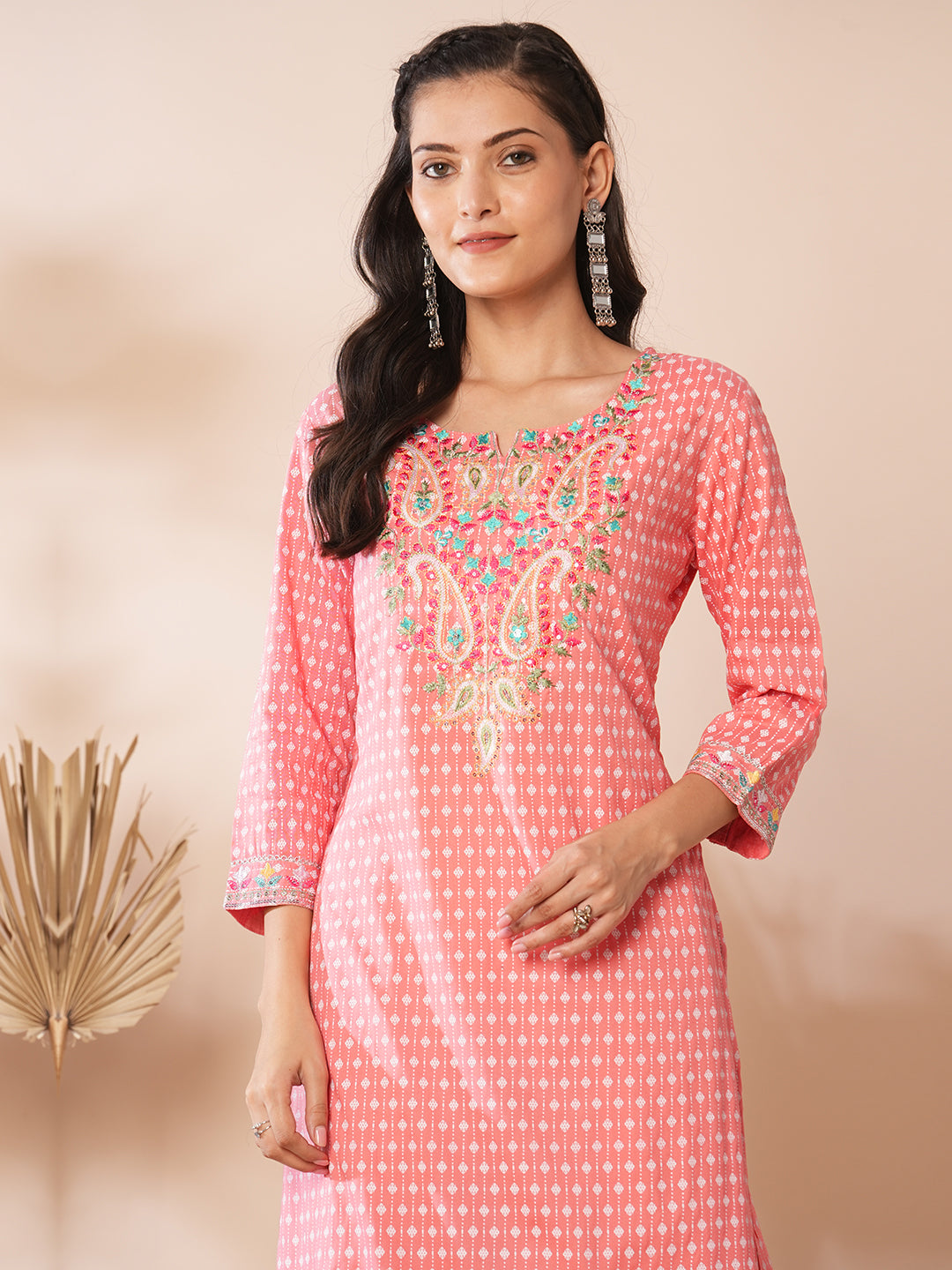 Ethnic Floral Printed & Embroidered Straight Fit Kurta - Peach