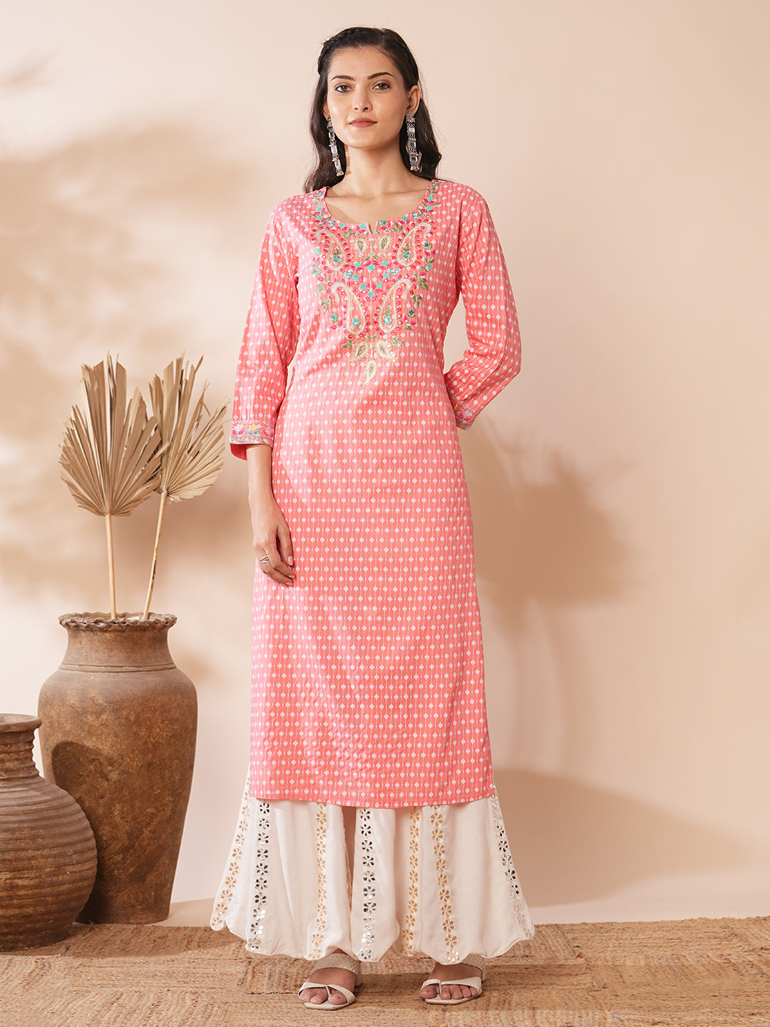 Ethnic Floral Printed & Embroidered Straight Fit Kurta - Peach