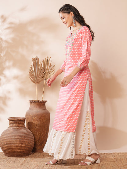 Ethnic Floral Printed & Embroidered Straight Fit Kurta - Peach