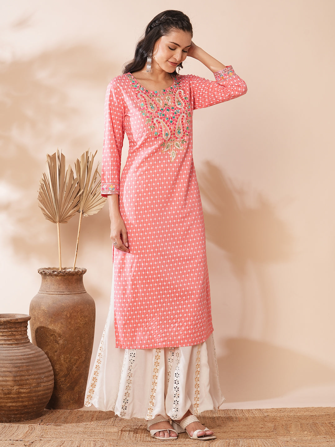 Ethnic Floral Printed & Embroidered Straight Fit Kurta - Peach