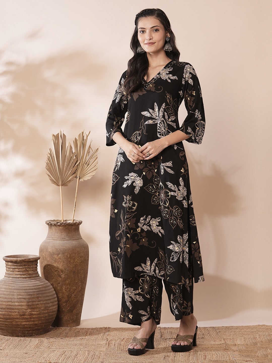 Abstract Floral Printed A-Line Co-ord Set - Black