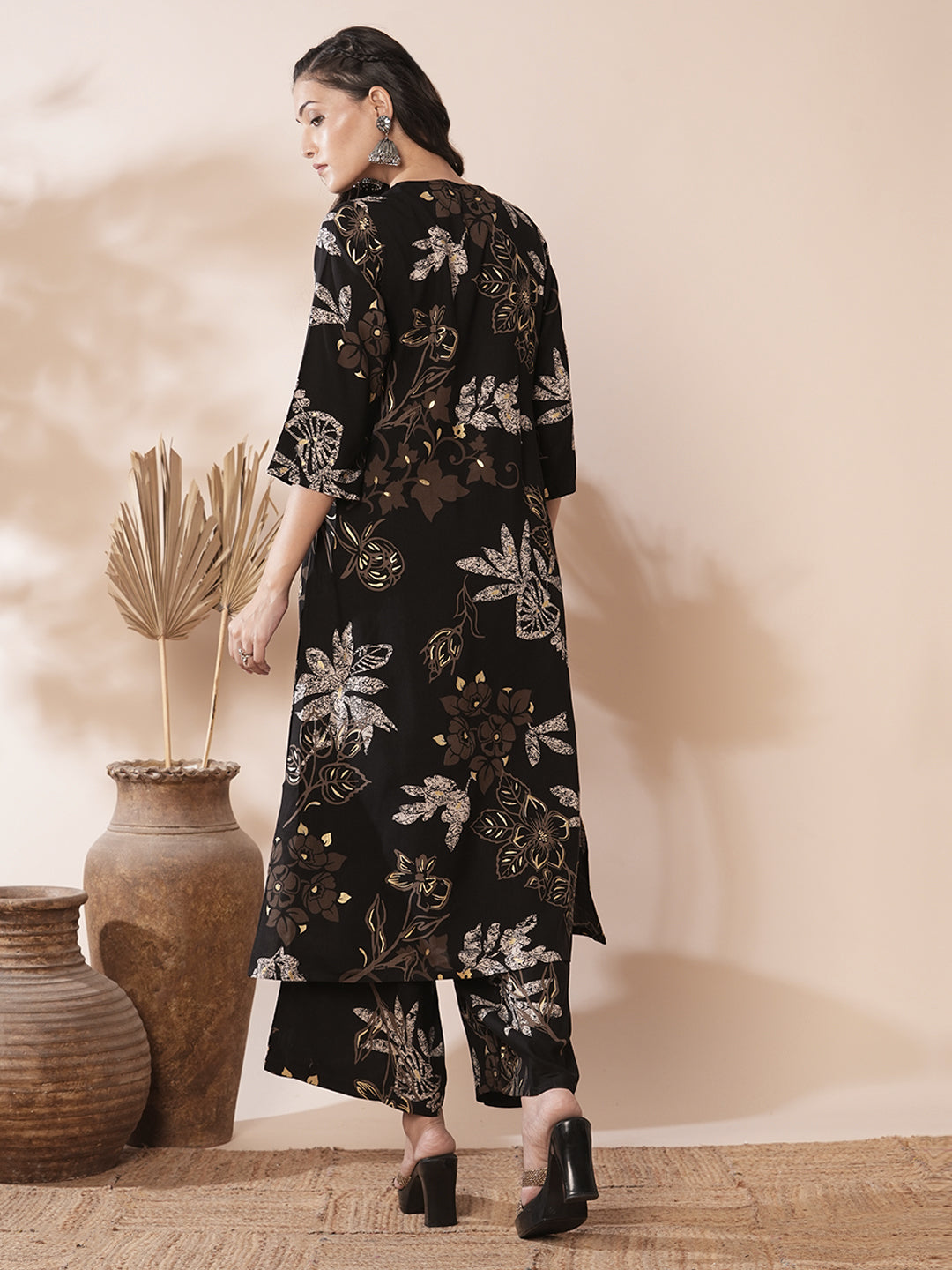 Abstract Floral Printed A-Line Co-ord Set - Black