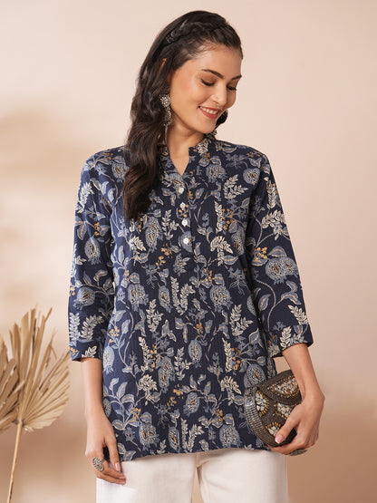 Floral Foil Printed A-Line Pleated Short Kurti - Blue