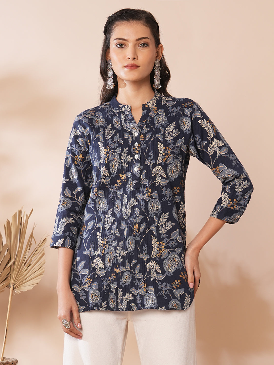 Floral Foil Printed A-Line Pleated Short Kurti - Blue