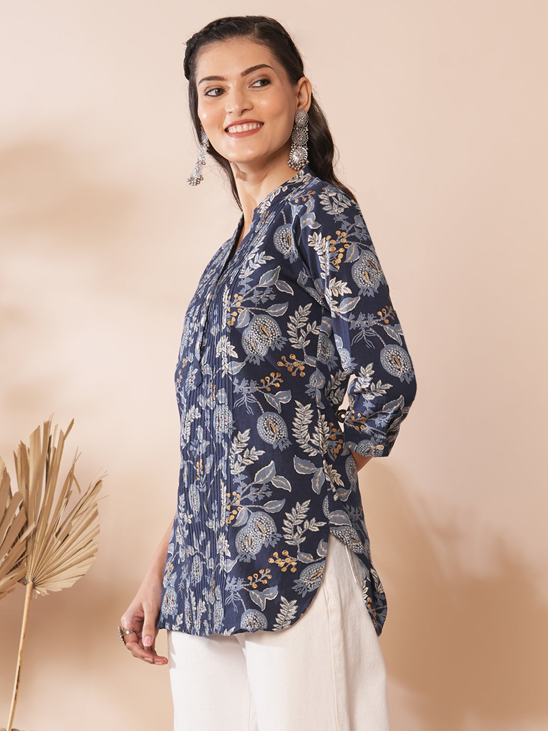 Floral Foil Printed A-Line Pleated Short Kurti - Blue