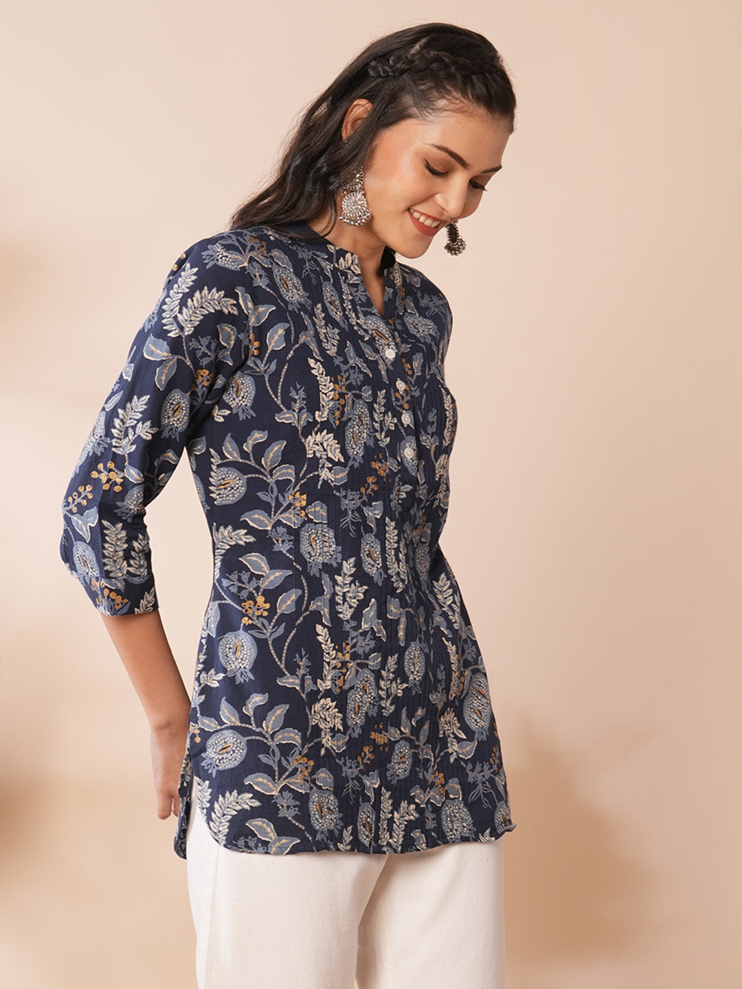 Floral Foil Printed A-Line Pleated Short Kurti - Blue