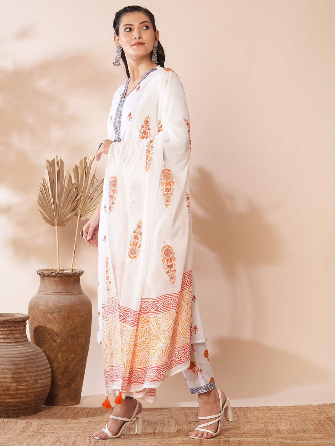 Ethnic Floral Printed A-Line Paneled Kurta with Pant & Dupatta - White