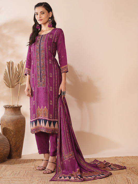 Floral Printed & Embroidered Straight Kurta with Pant & Dupatta - Purple