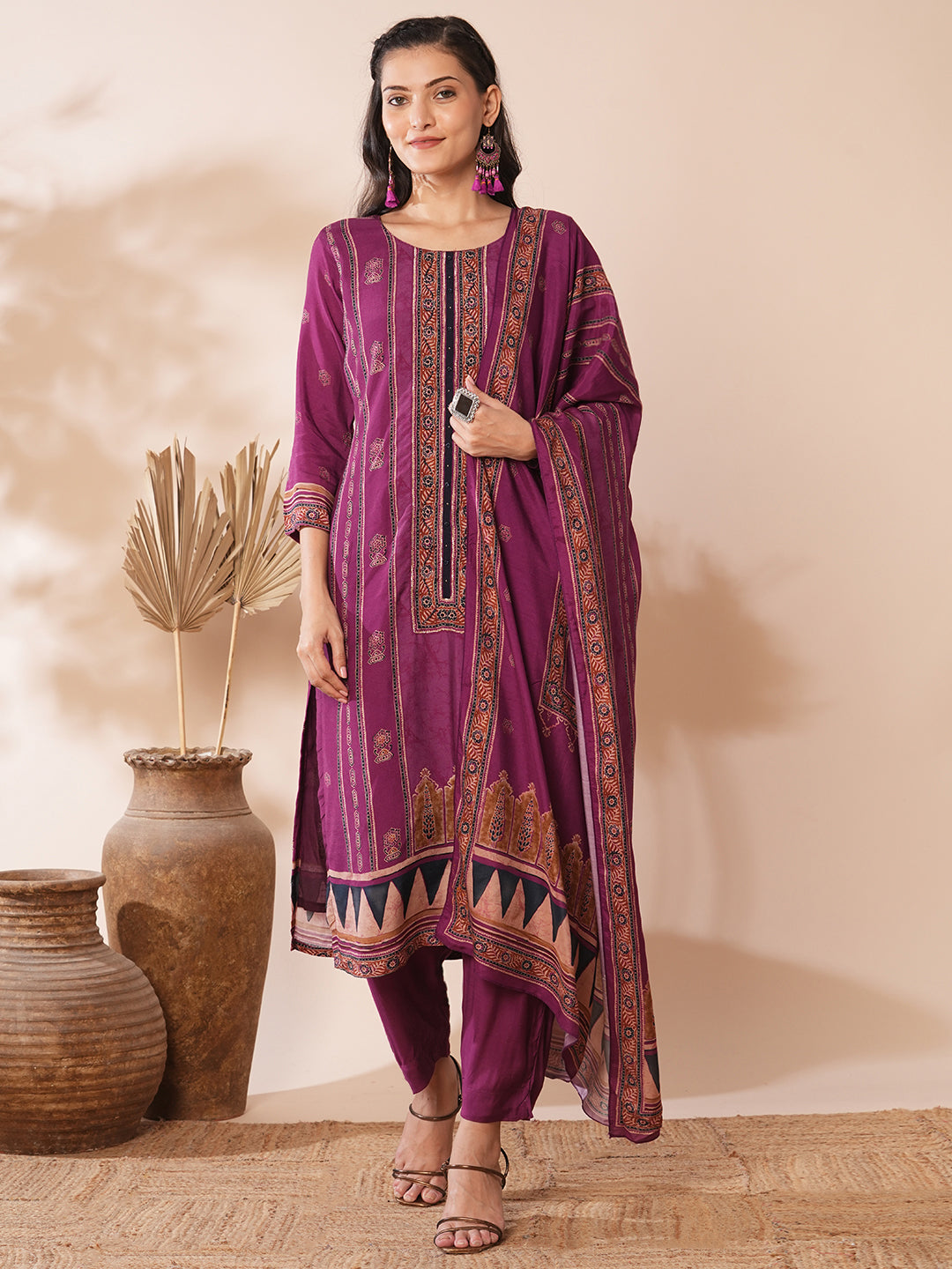 Floral Printed & Embroidered Straight Kurta with Pant & Dupatta - Purple