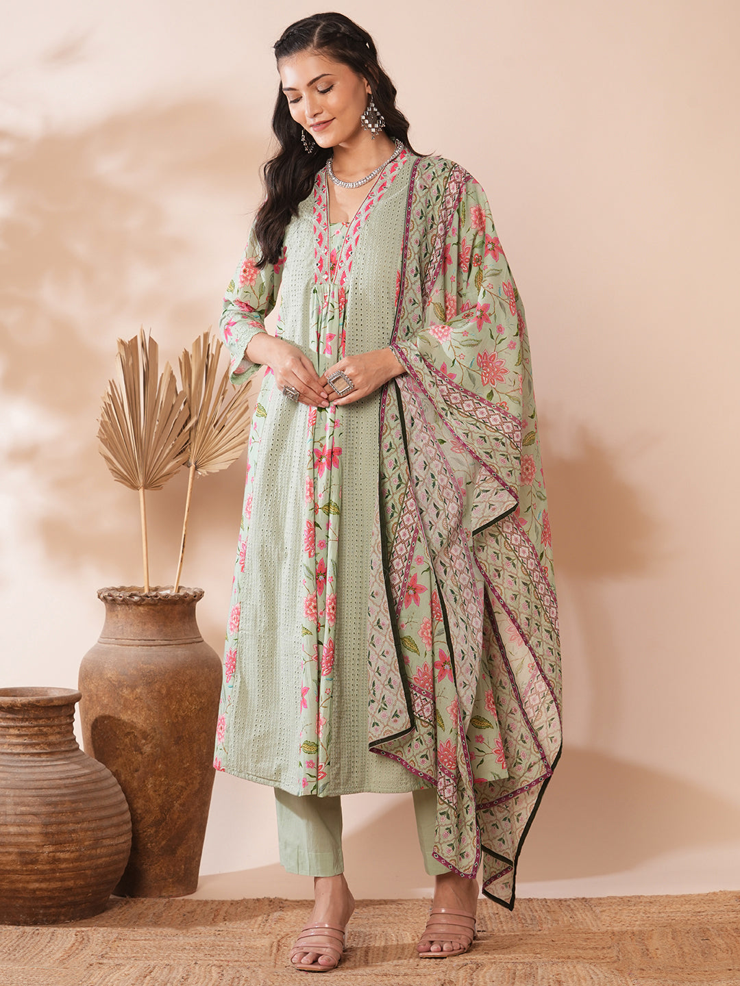 Floral Printed & Embroidered A-Line Paneled Kurta with Pant & Dupatta -Light Green