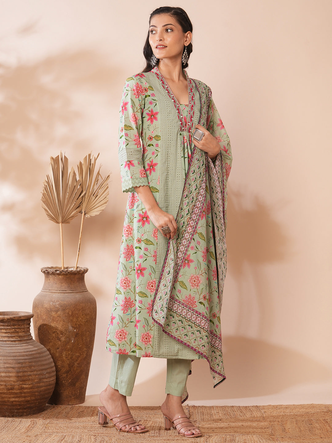 Floral Printed & Embroidered A-Line Paneled Kurta with Pant & Dupatta -Light Green