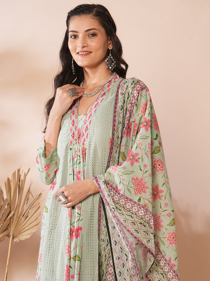 Floral Printed & Embroidered A-Line Paneled Kurta with Pant & Dupatta -Light Green