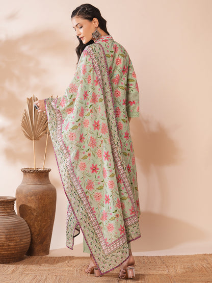 Floral Printed & Embroidered A-Line Paneled Kurta with Pant & Dupatta -Light Green