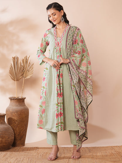 Floral Printed & Embroidered A-Line Paneled Kurta with Pant & Dupatta -Light Green