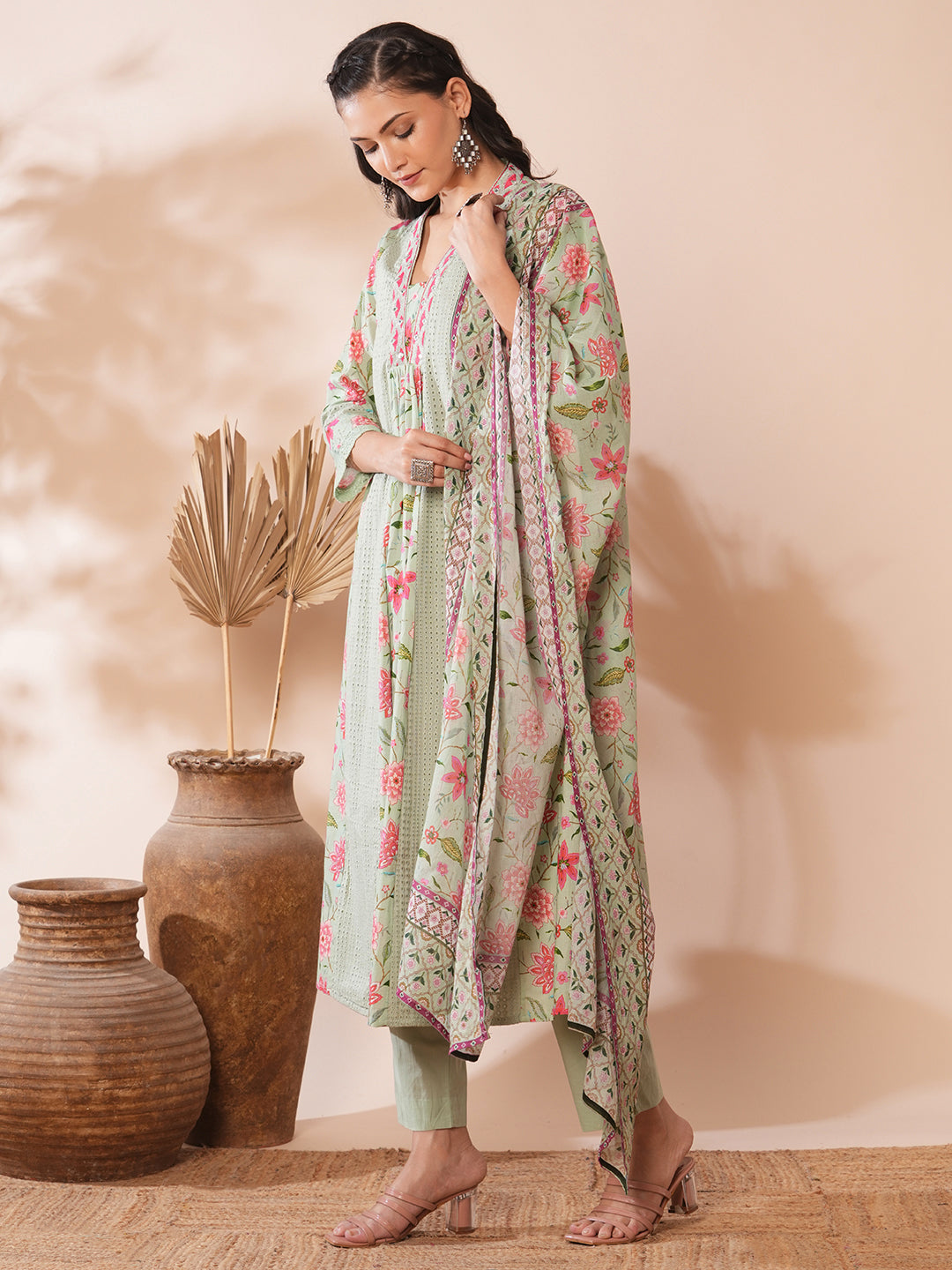 Floral Printed & Embroidered A-Line Paneled Kurta with Pant & Dupatta -Light Green