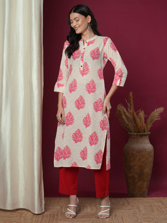 Ethnic Floral Printed Straight Fit Kurta - Off White