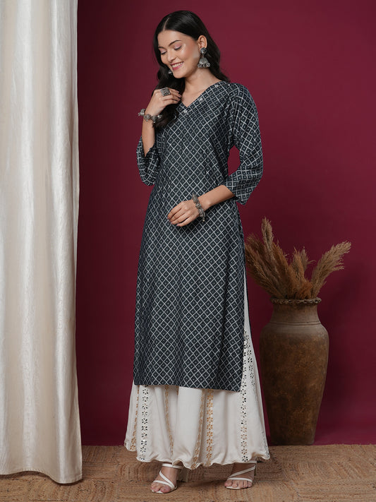 Ethnic Printed & Embroidered Straight Fit Kurta - Blue