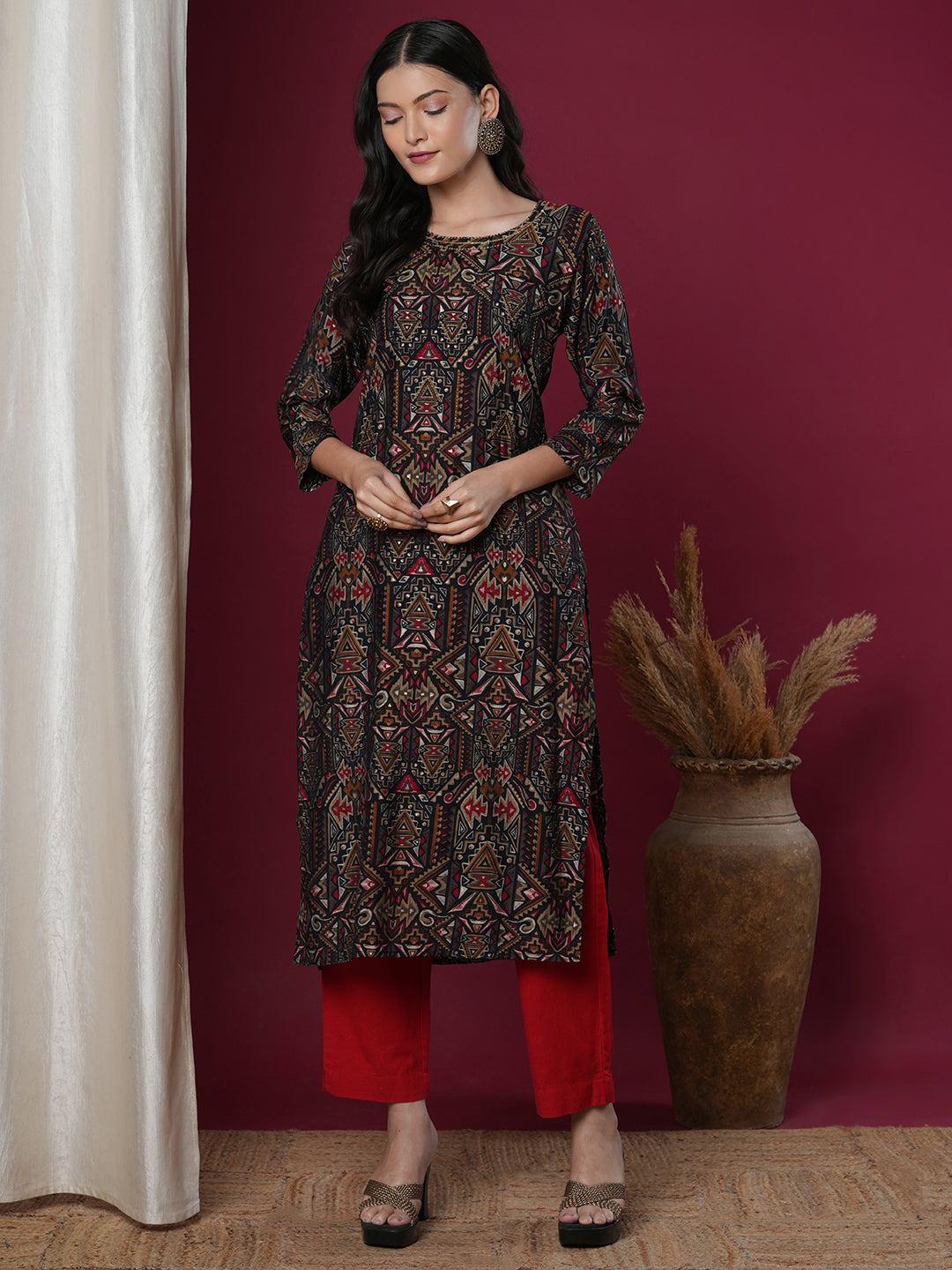 Ethnic Geometric Printed & Embroidered Straight Fit Kurta - Black