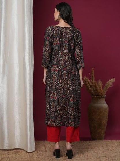 Ethnic Geometric Printed & Embroidered Straight Fit Kurta - Black