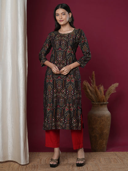 Ethnic Geometric Printed & Embroidered Straight Fit Kurta - Black