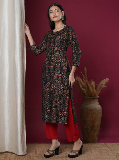 Ethnic Geometric Printed & Embroidered Straight Fit Kurta - Black