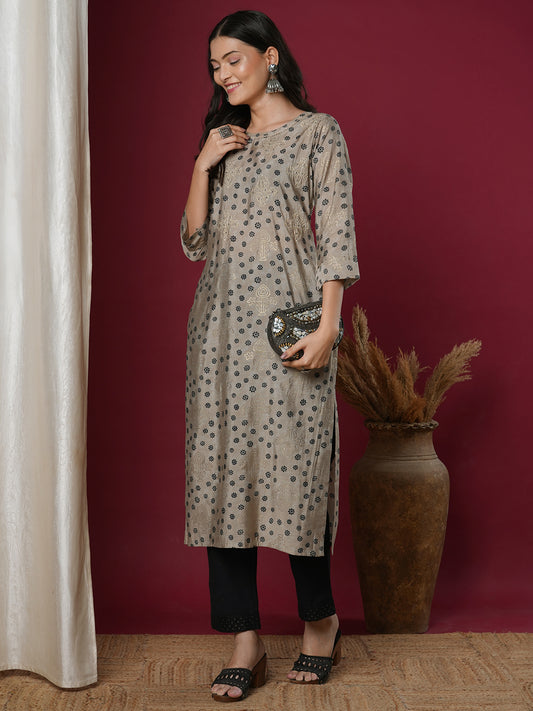 Floral Foil Printed & Embroidered Straight Fit Kurta - Grey