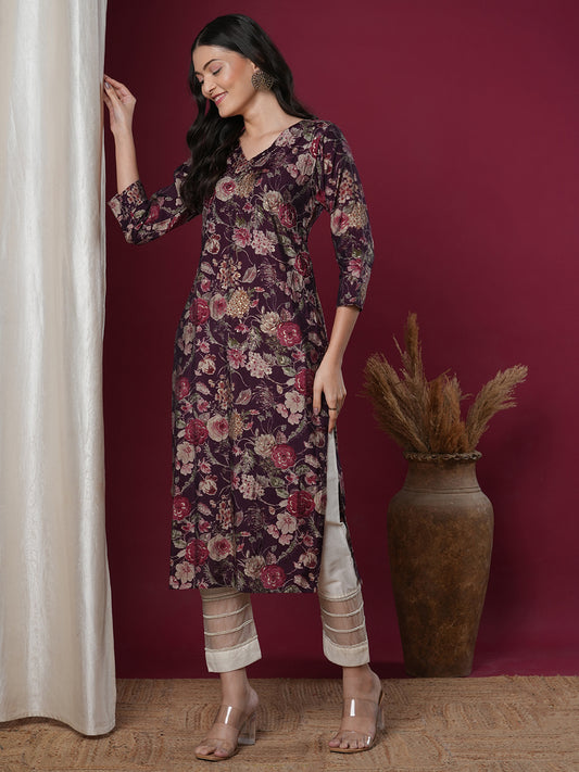 Floral Foil Printed & Embroidered Straight Fit Kurta - Burgundy