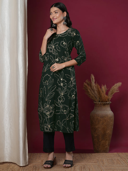 Abstract Floral Printed & Embroidered Straight Fit Kurta - Green