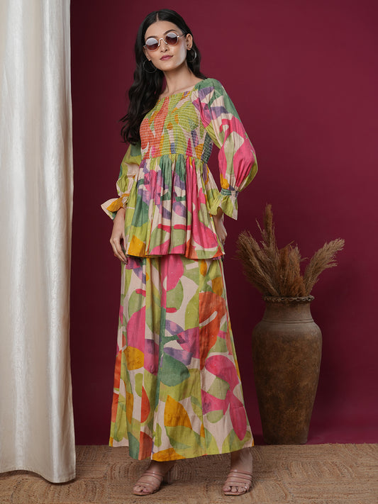 Abstract Floral Printed A-Line Pleated Smocked Top with Palazzo - Multi