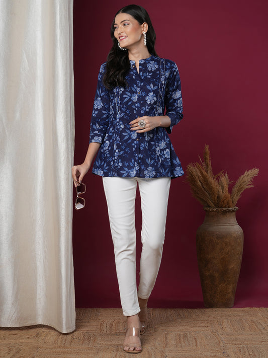 Ethnic Floral & Printed Straight Fit Kurti - Blue