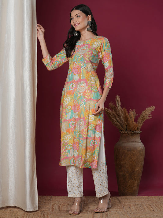 Abstract Floral Printed & Embroidered Straight Fit Kurta - Multi