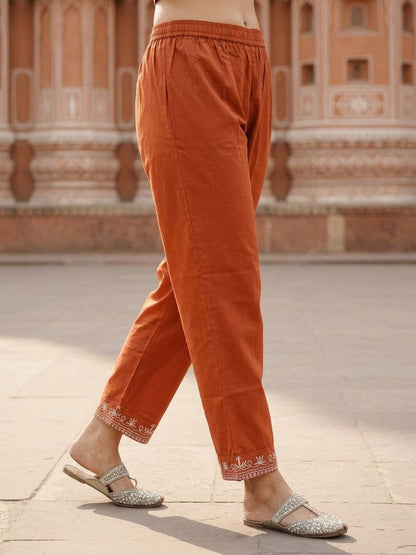 Solid Embroidered Straight Kurta with Palazzo & Dupatta - Rust