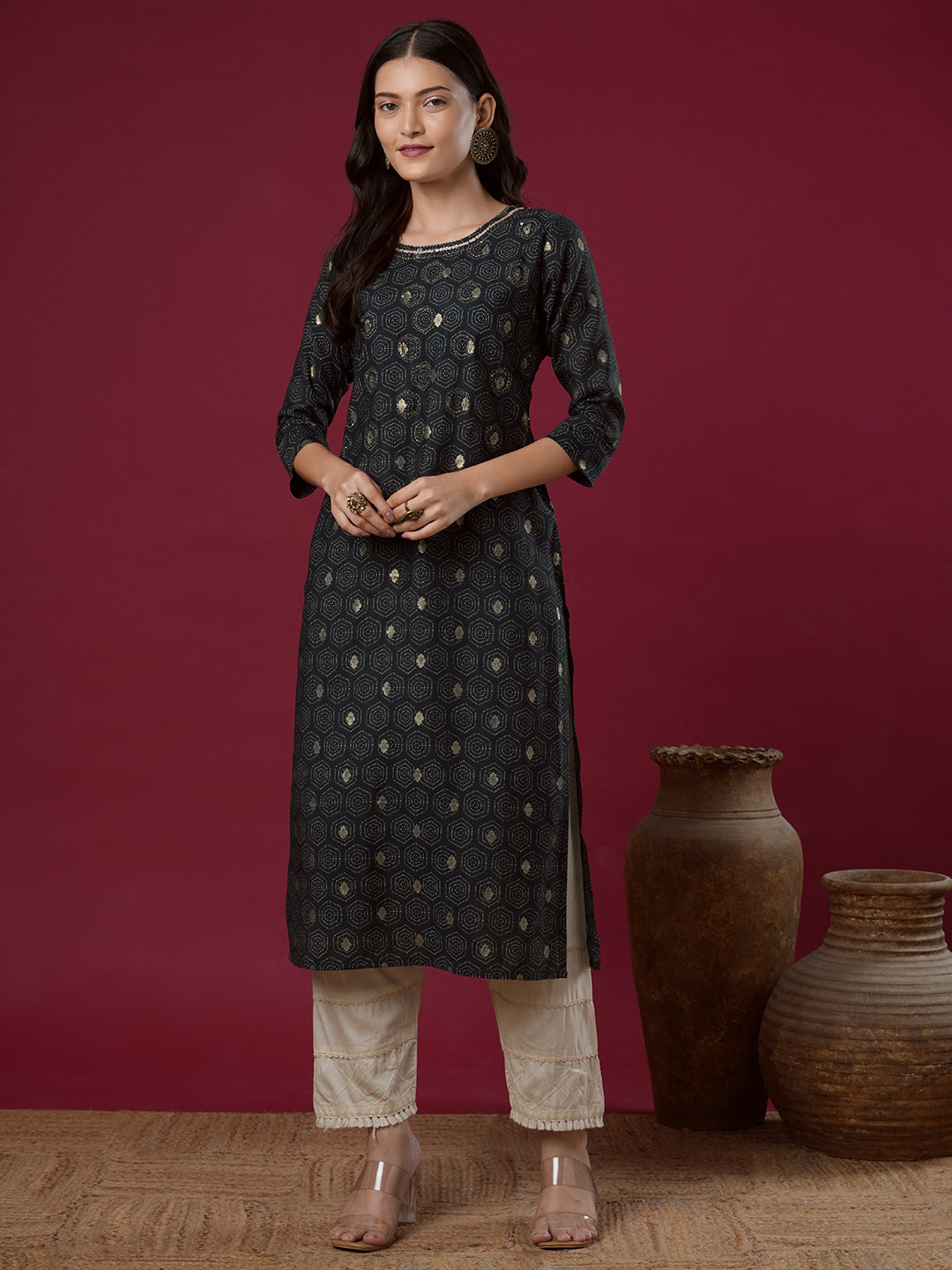 Floral Foil Printed & Embroidered Straight Fit Kurta - Charcoal