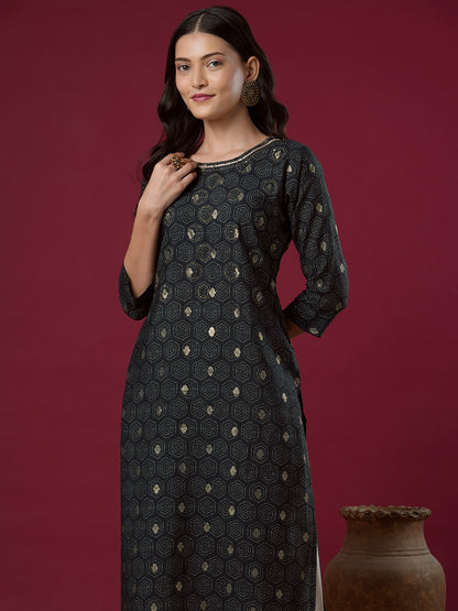 Floral Foil Printed & Embroidered Straight Fit Kurta - Charcoal