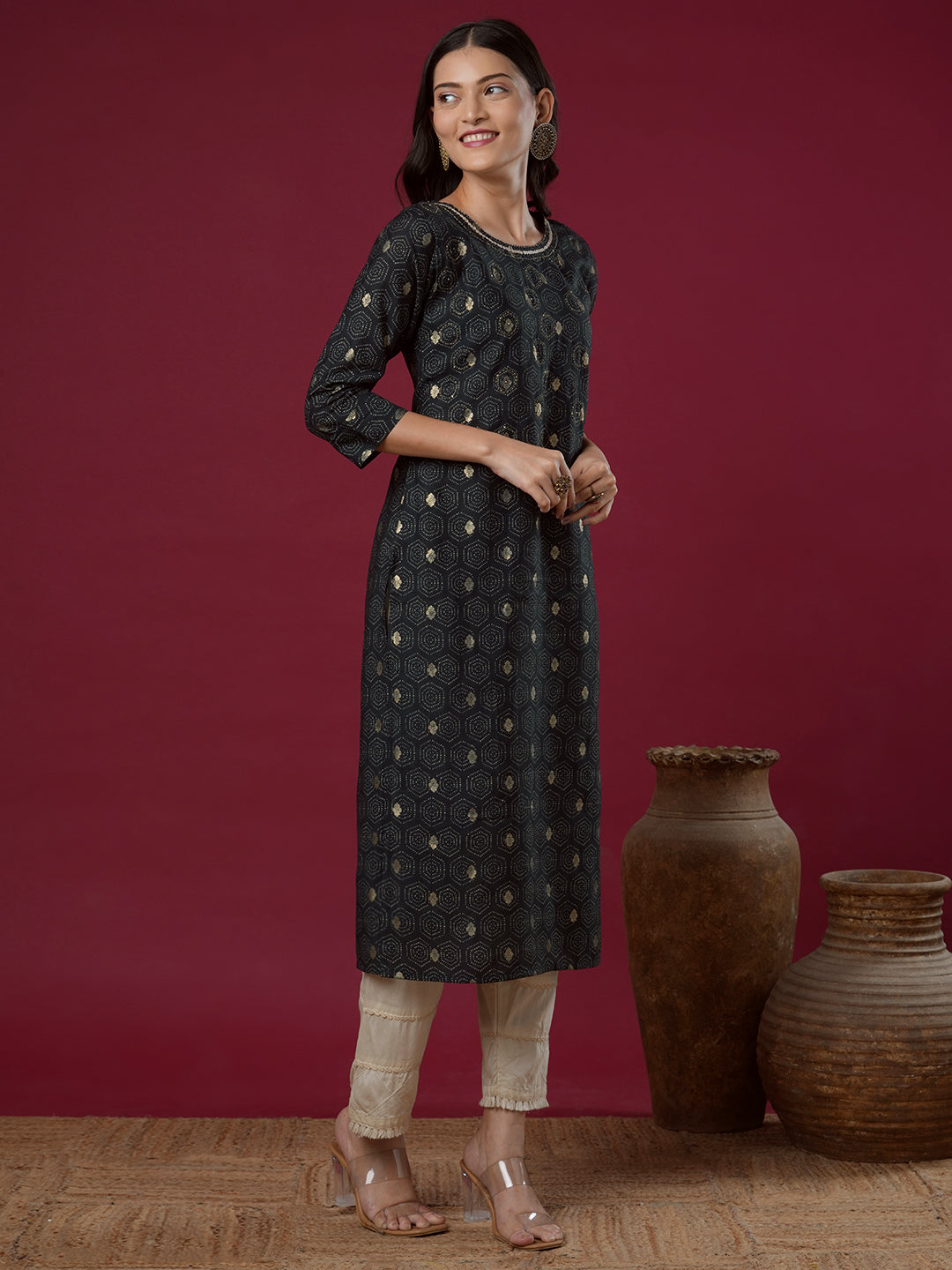 Floral Foil Printed & Embroidered Straight Fit Kurta - Charcoal