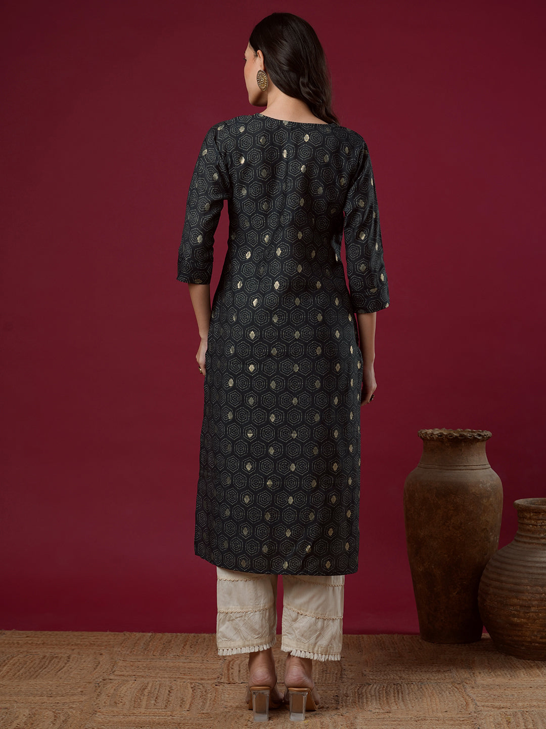 Floral Foil Printed & Embroidered Straight Fit Kurta - Charcoal