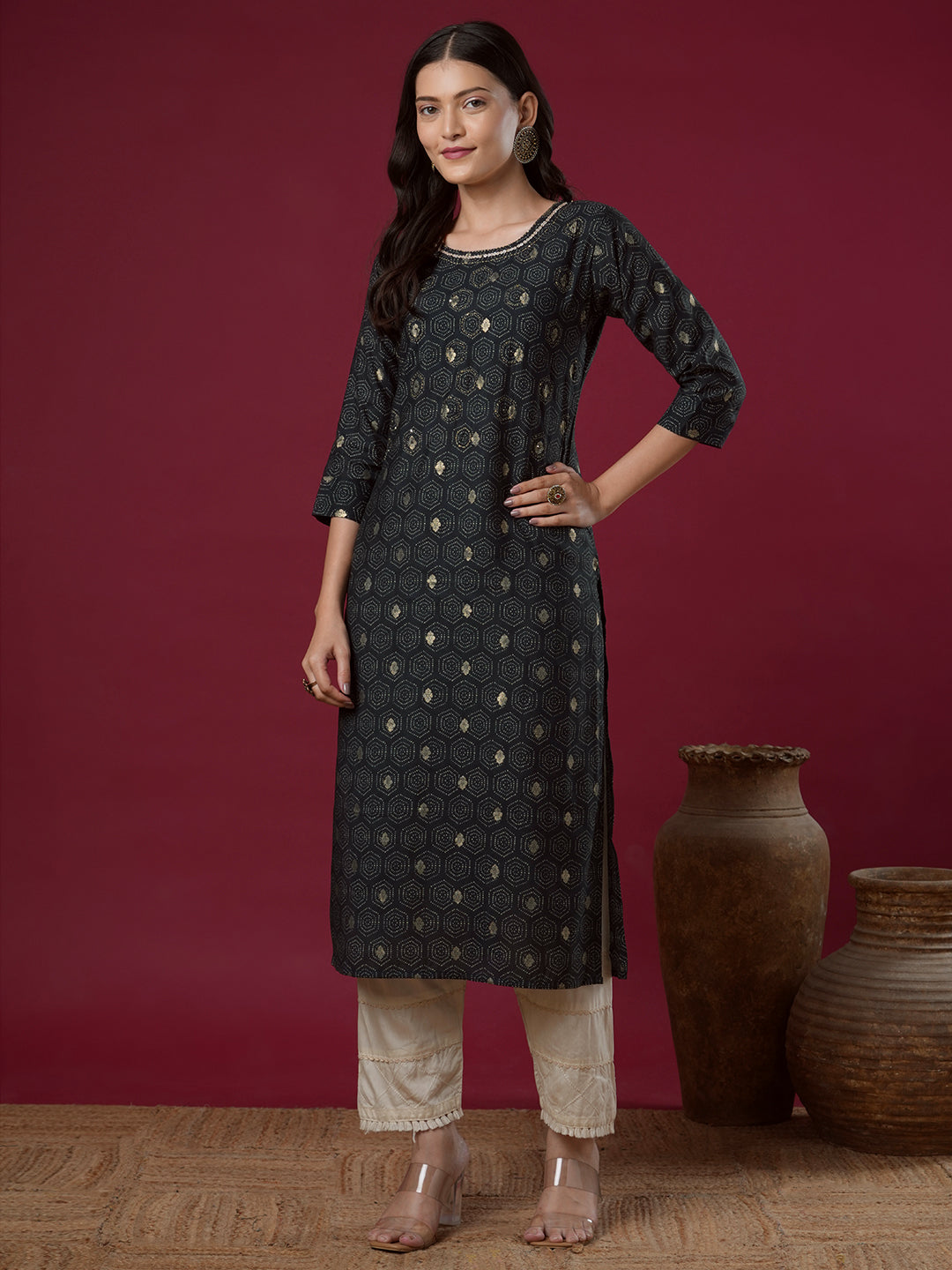 Floral Foil Printed & Embroidered Straight Fit Kurta - Charcoal