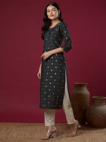 Floral Foil Printed & Embroidered Straight Fit Kurta - Charcoal