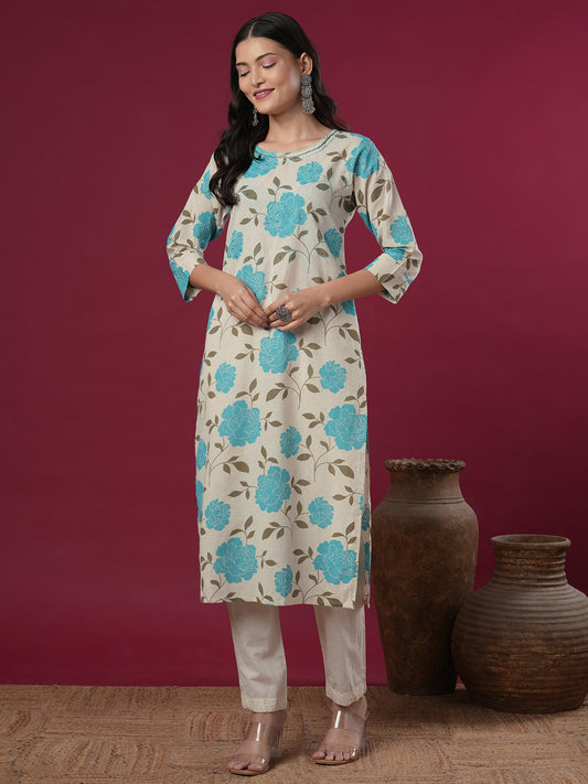 Floral Printed & Embroidered Straight Fit Cotton Flax Kurta - Off White