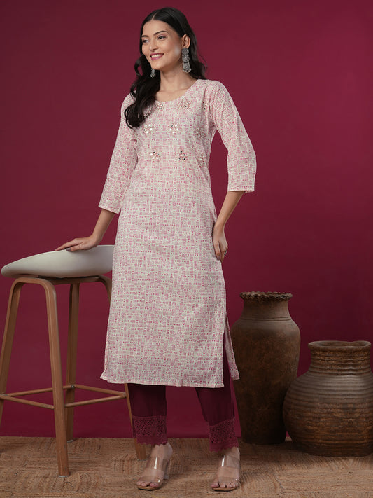 Floral Printed & Embroidered Straight Fit Kurta - Off White