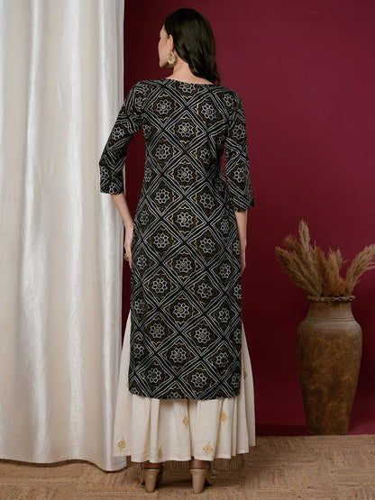 Ethnic Bandhani Printed & Embroidered Straight Fit Kurta - Black