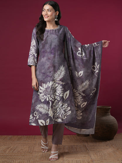 Floral Printed & Hand Embroidered Straight Kurta with Pant & Dupatta - Lavender