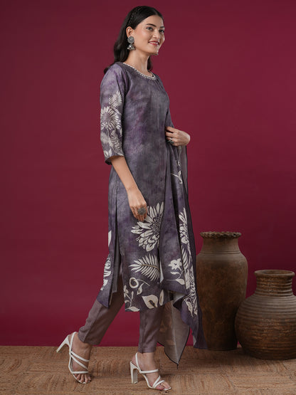 Floral Printed & Hand Embroidered Straight Kurta with Pant & Dupatta - Lavender