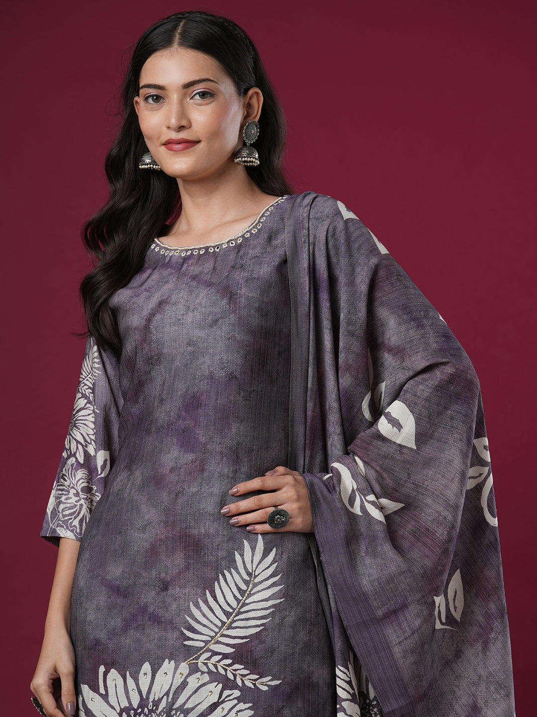 Floral Printed & Hand Embroidered Straight Kurta with Pant & Dupatta - Lavender