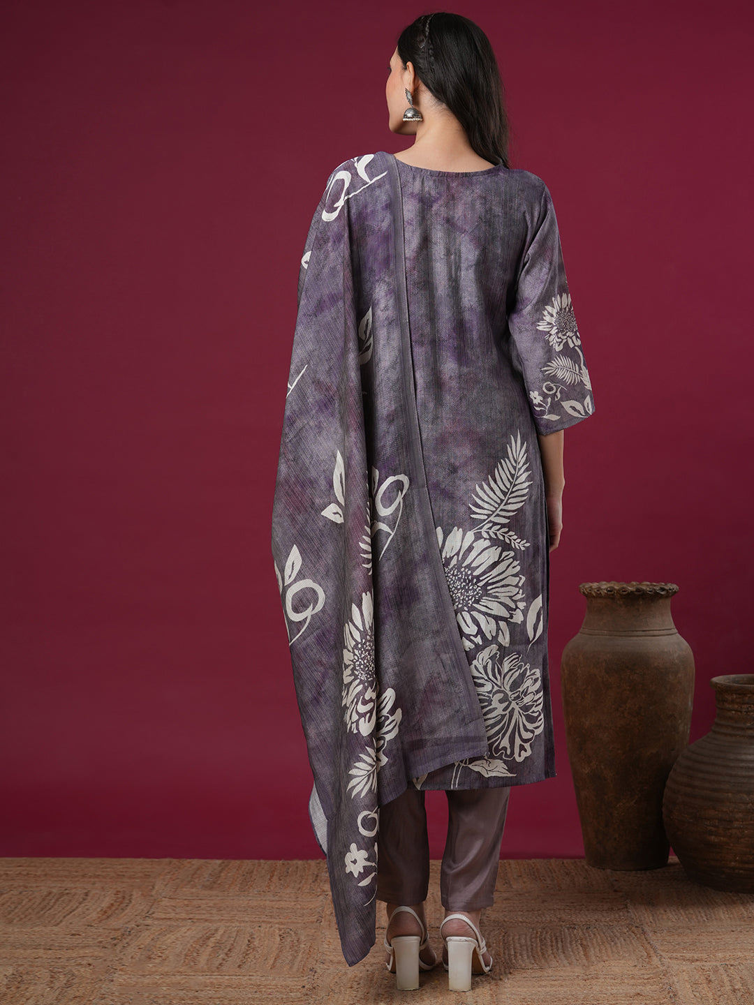 Floral Printed & Hand Embroidered Straight Kurta with Pant & Dupatta - Lavender