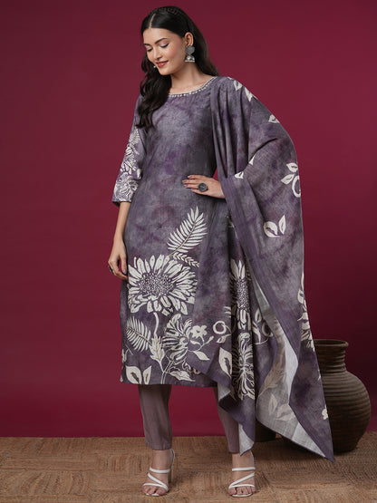 Floral Printed & Hand Embroidered Straight Kurta with Pant & Dupatta - Lavender