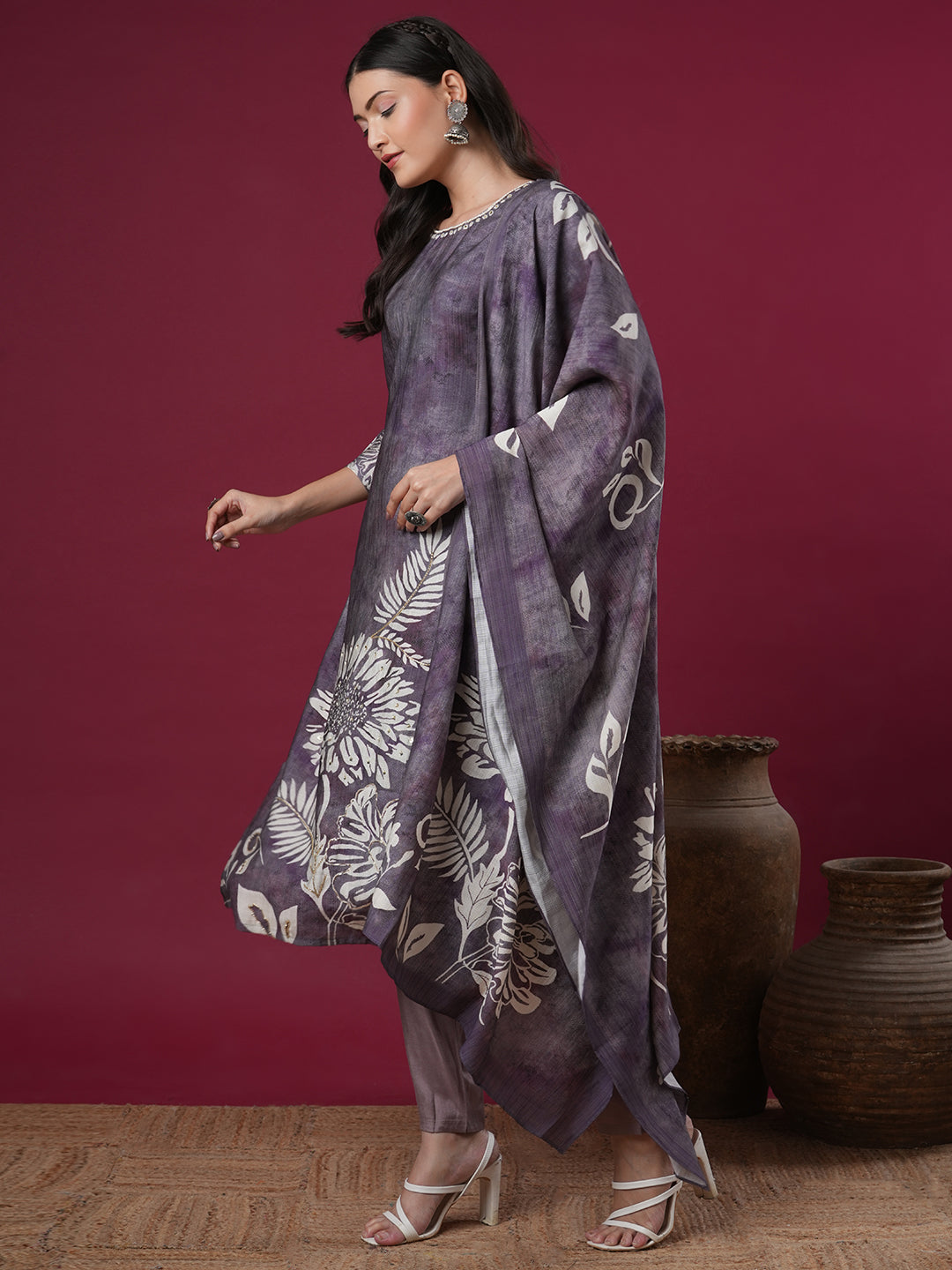 Floral Printed & Hand Embroidered Straight Kurta with Pant & Dupatta - Lavender